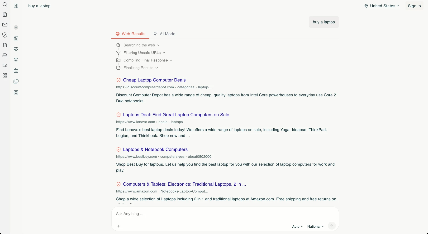 qikfox Search results for the query 'buy a laptop', with safety shields beside each result and the search stages listed above them.