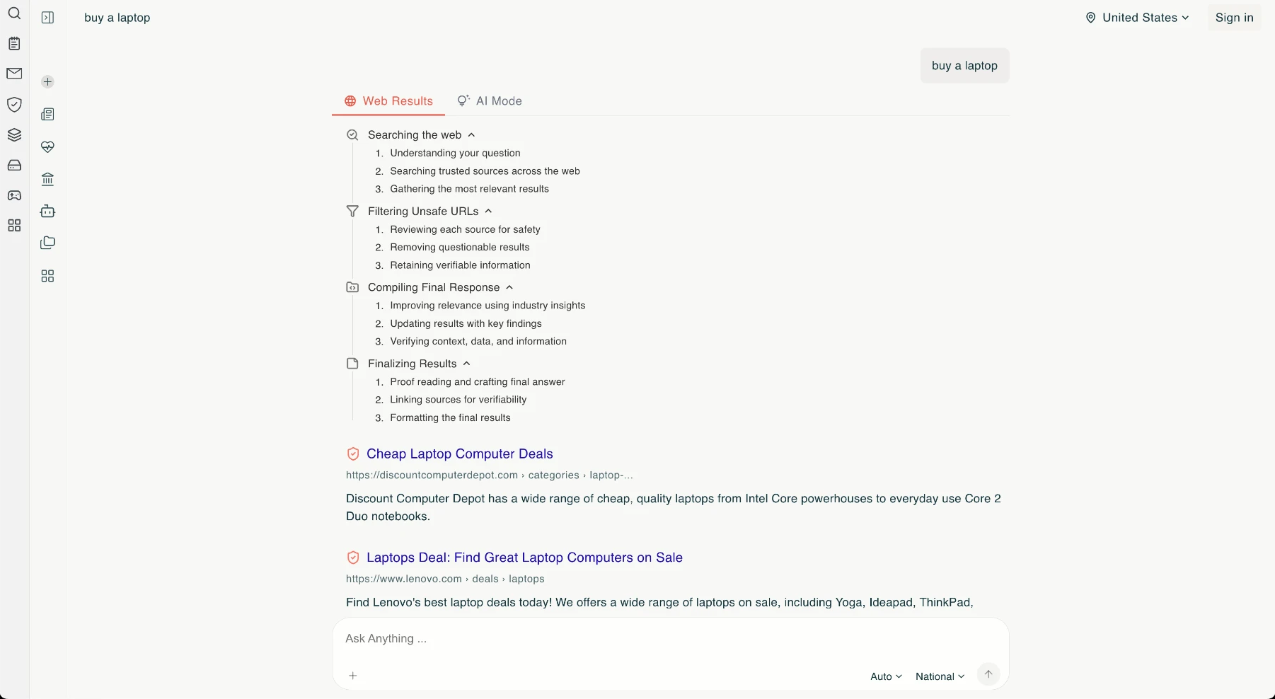 The same qikfox Search results page with each stage expanded, showing the sub-steps for searching the web, filtering unsafe URLs, compiling the response and finalizing results.